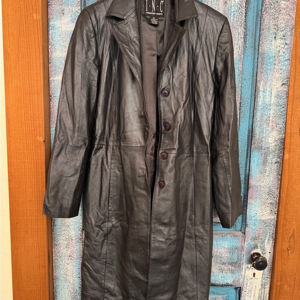 INC International Concepts Black Leather Longline Coat with Notch Collar